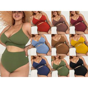 Plus sizes bikini swimsuit欧美女士大码v领绑带高腰比基尼泳衣