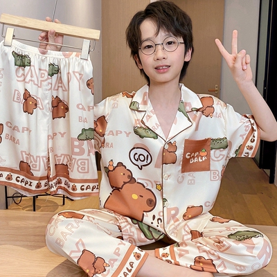 男童冰丝短袖长裤薄款家居服套装