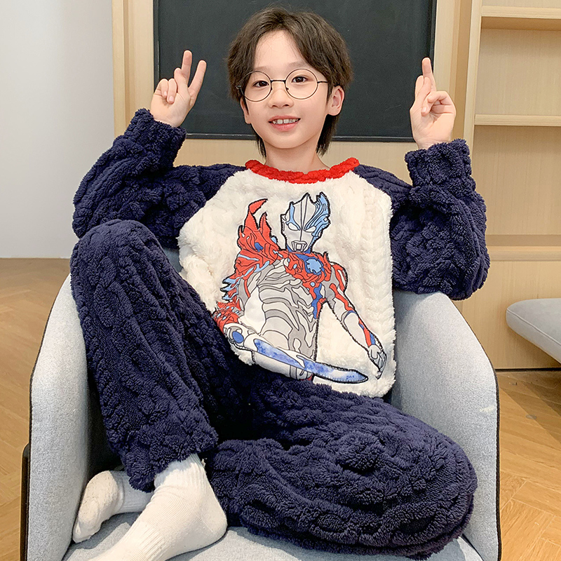 儿童睡衣男童法兰绒秋冬季加厚