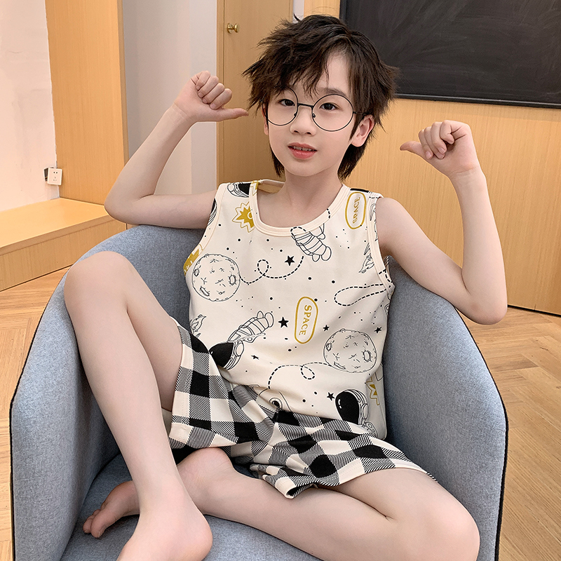 背心男童夏睡衣薄款纯棉儿童套装小童夏装跨栏无袖短裤吸汗家居服