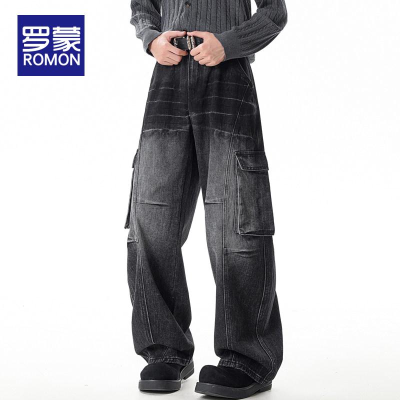 罗蒙牛仔裤男士2026新款春秋季宽松美式潮牌大码阔腿休闲弯刀裤男,男装,牛仔裤,淘宝优惠券,粉丝福利购,淘宝优惠卷