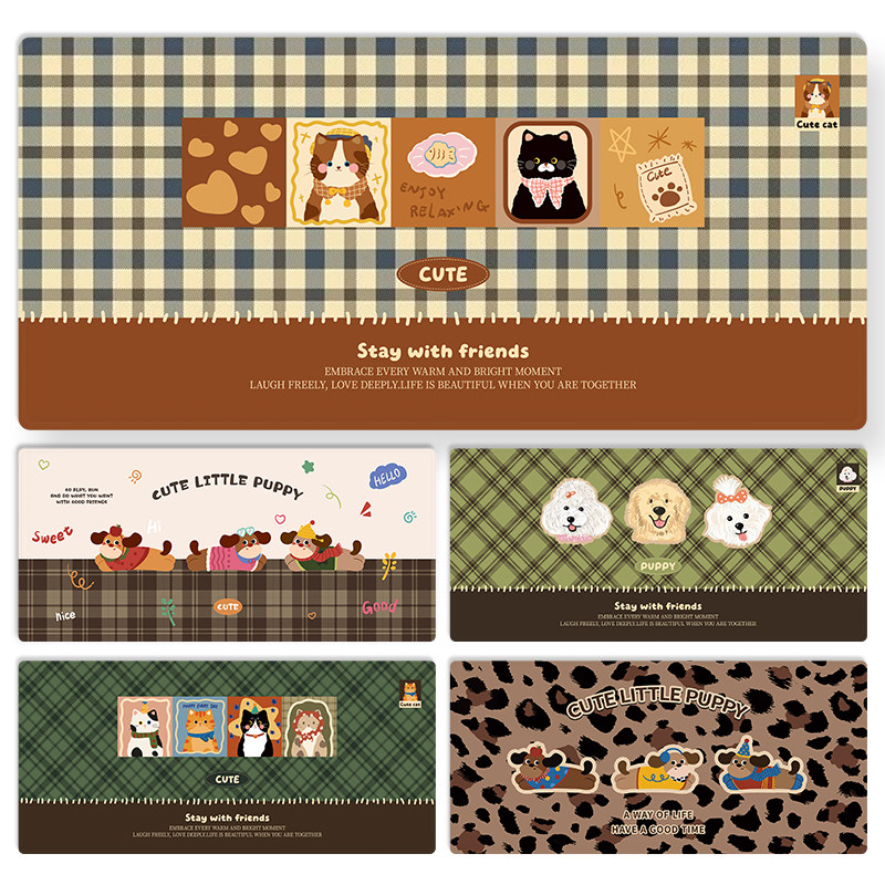 复古格纹小猫鼠标垫超大号可爱卡通女生学生书桌垫工位电脑键盘垫