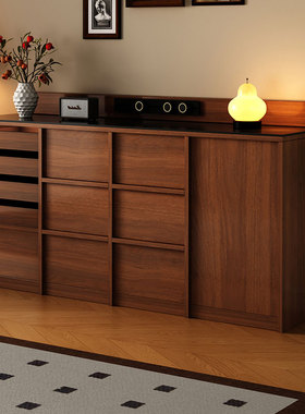 岩板餐边柜靠墙一体储物柜中古客厅茶水置物柜靠山柜骨骼线矮柜子