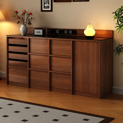 岩板餐边柜靠墙一体储物柜中古客厅茶水置物柜靠山柜骨骼线矮柜子