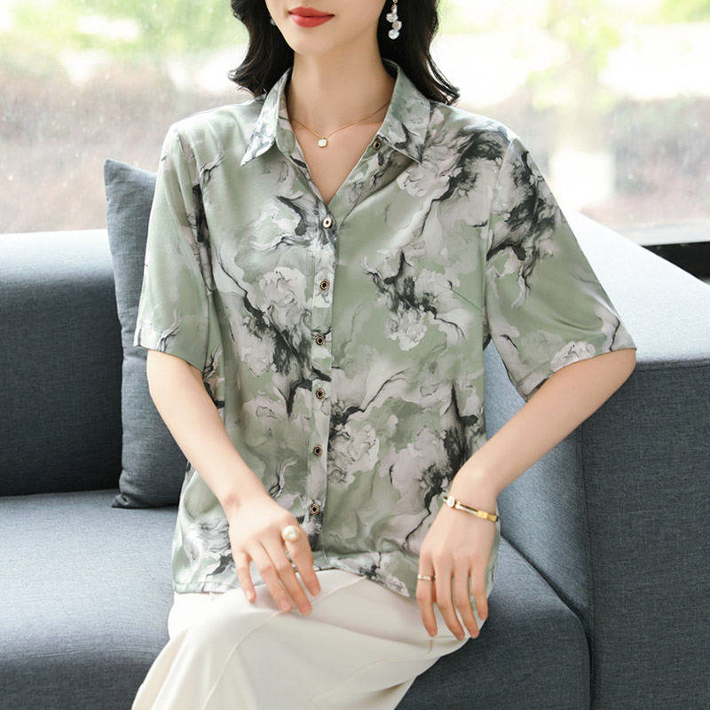 高端品牌真丝短袖衬衫女夏2025新款中老年妈妈桑蚕丝上衣t恤女薄