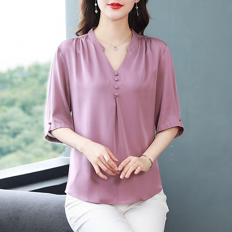 高端品牌真丝短袖上衣女夏2025新款香云纱妈妈宽松桑蚕丝V领T恤衫