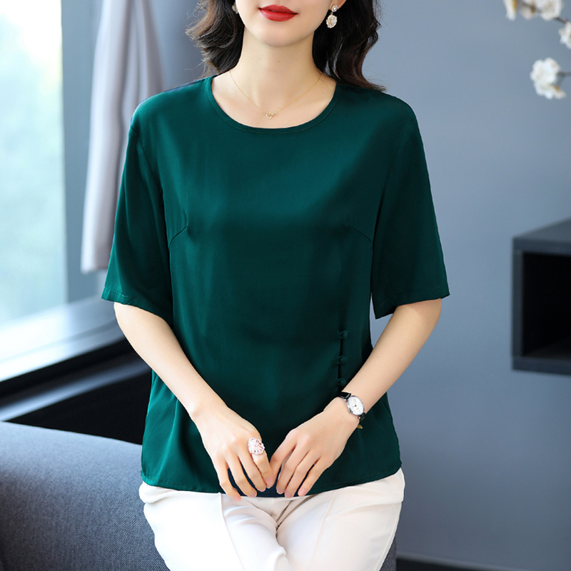 桑蚕丝上衣女夏2025新款宽松大码中老年妈妈显瘦真丝短袖T恤小衫