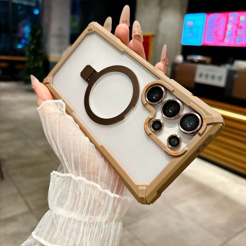 磁吸充电圆形支架适用三星s25ultra手机壳s24ultra透明苹果17promax磨砂16四角全包防摔17赠同色镜头膜保护套