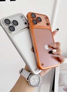 适用苹果15pro电镀PC手机壳秒变iPhone17磨砂透明16promax带镜头膜13promax半包无边框轻薄保护套14pro硬橙色