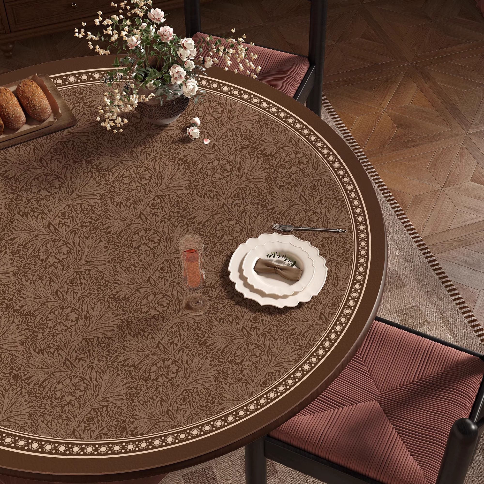 法式中古圆桌垫防水防油防烫易打理皮革圆形餐桌垫防尘茶几皮革垫