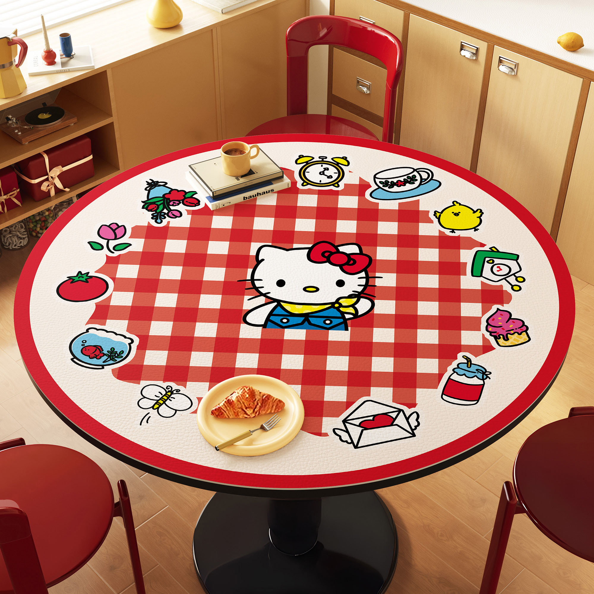 HelloKitty卡通红色格子圆形桌垫防水防油桌布皮革茶几桌面保护垫