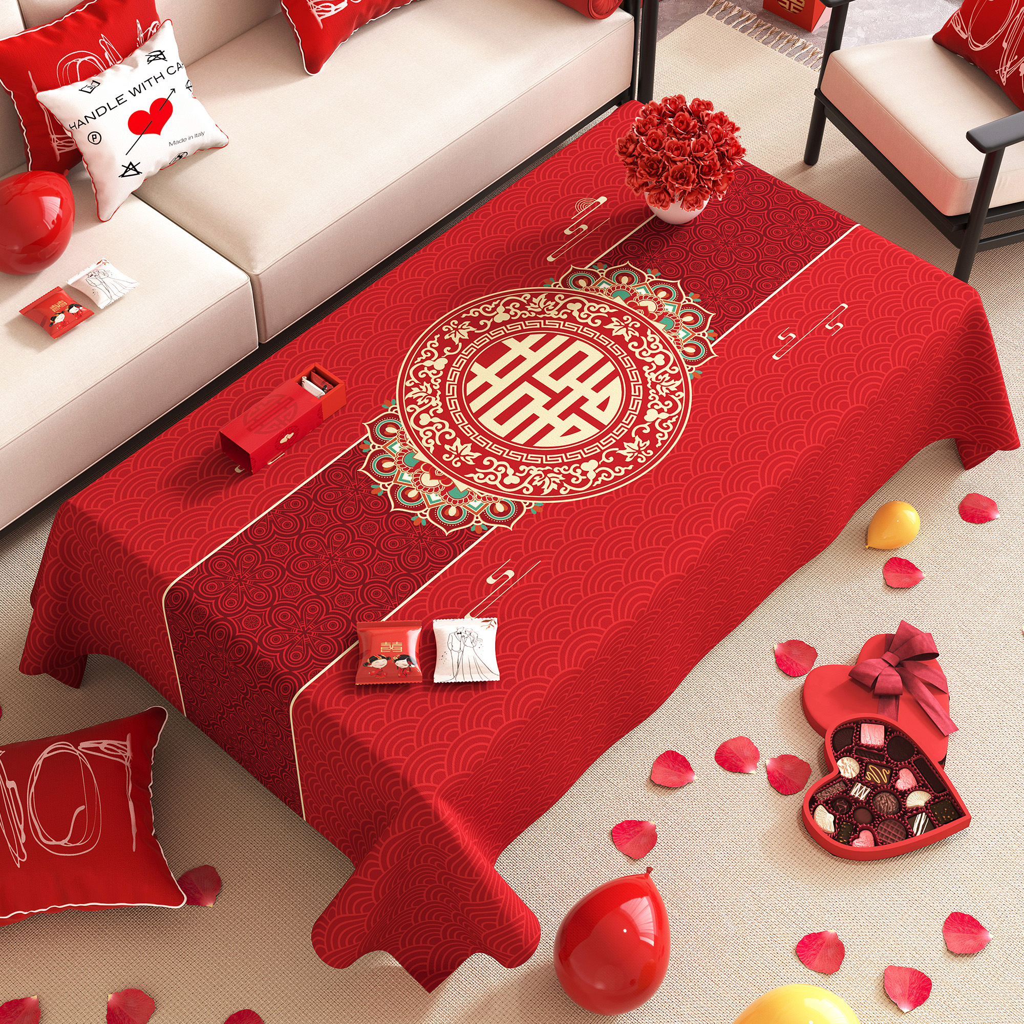 结婚茶几桌布红色喜庆喜字囍2025新款婚订婚婚房装饰盖布巾红台布