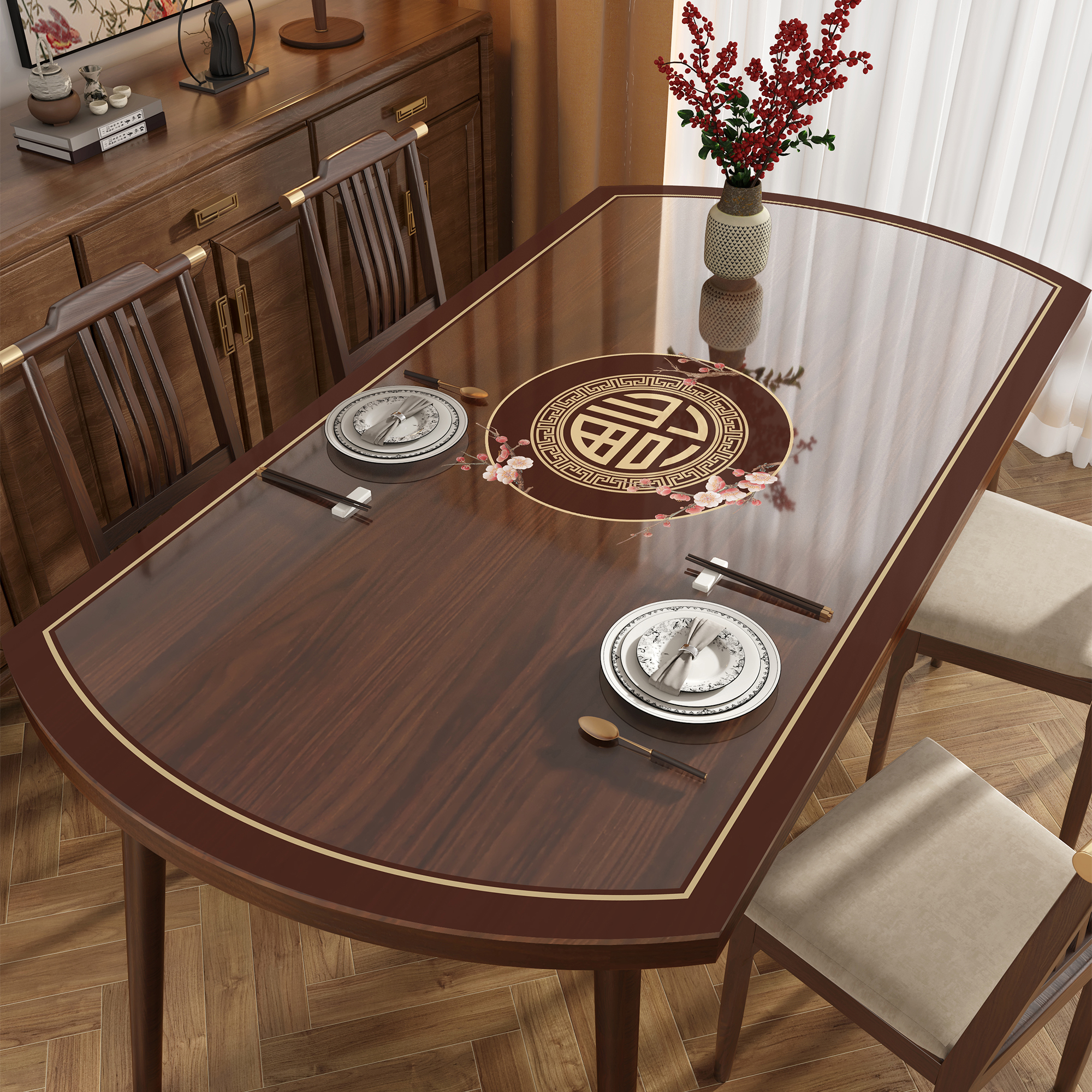 新中式椭圆形餐桌垫pvc透明软玻璃桌布免洗防水防油防烫茶几台布