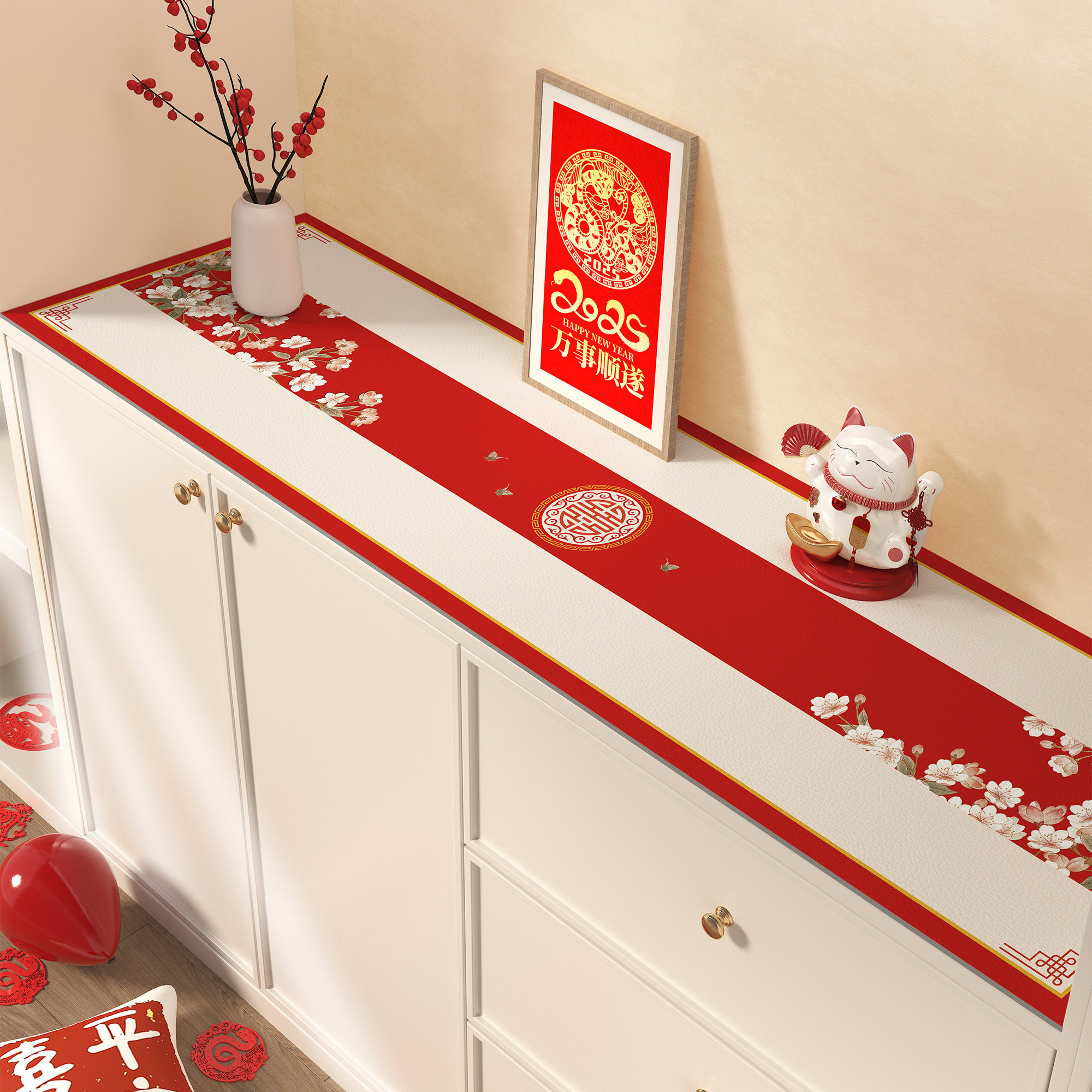 2026新款玄关柜桌垫防水防油免洗新年餐边柜红色喜庆电视柜保护垫,居家布艺,桌布,淘宝优惠券,粉丝福利购,淘宝优惠卷