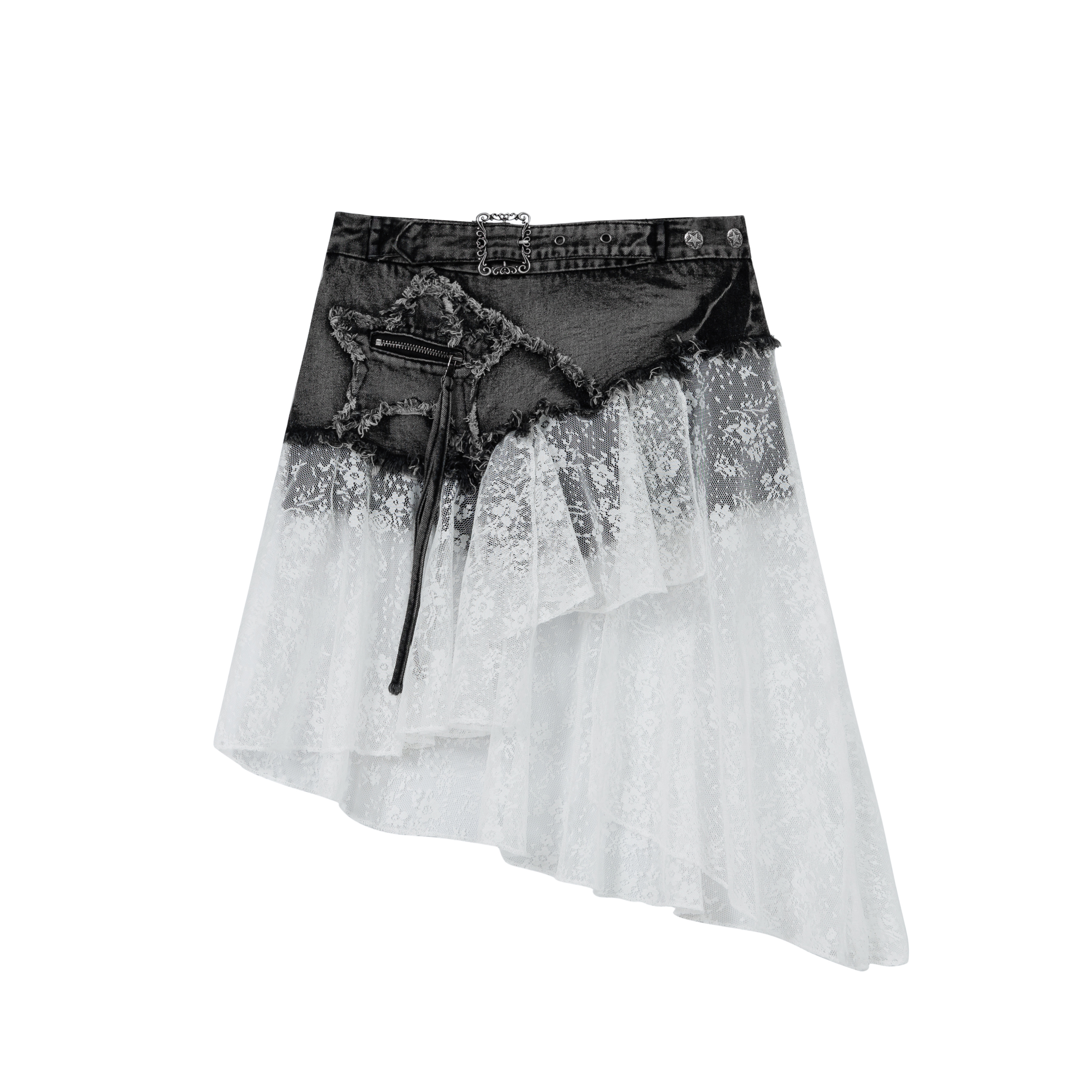 thumbnail for HTYM American vintage lace stitching irregular distressed washed denim skirt women's autumn hot girl shorts