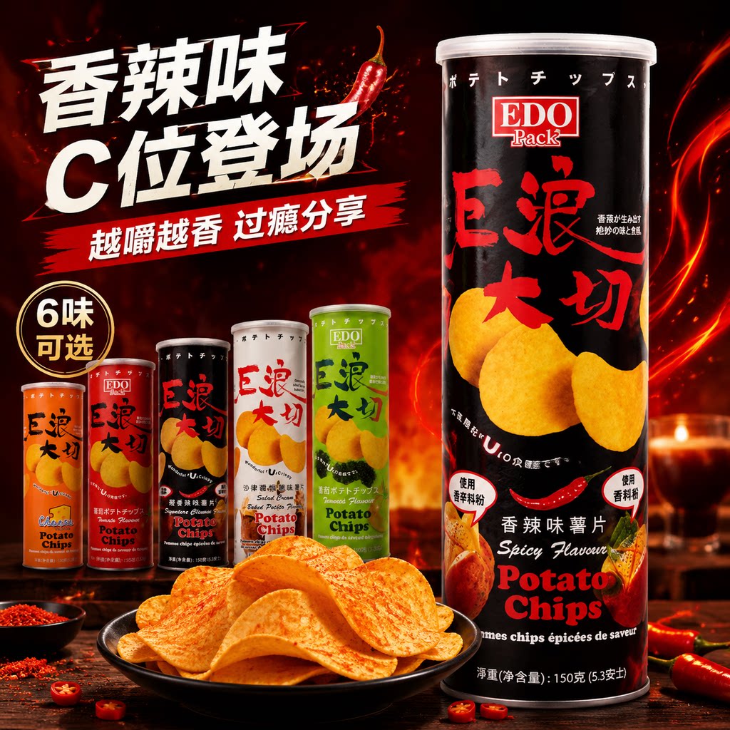 马来西亚EDOPACK巨浪大切薯片原味香辣味罐装追剧膨化零食150g/罐