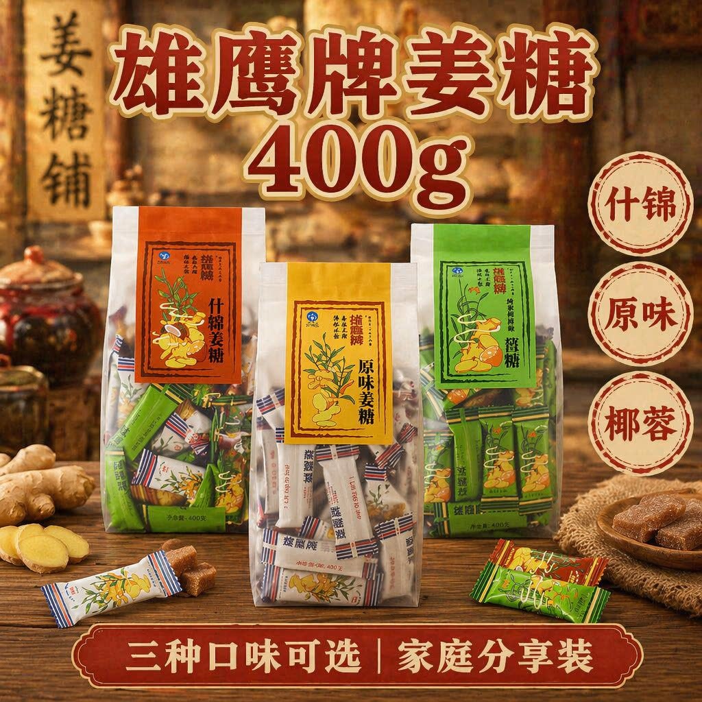 香港雄鹰牌新亚姜糖同款蜂蜜椰蓉原味多口味怀旧手工制作姜汁软糖