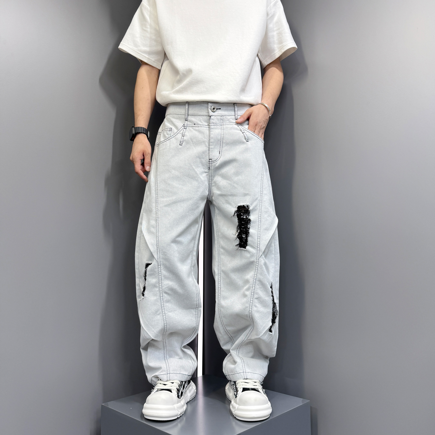 2025新款美式复古破洞牛仔裤男夏