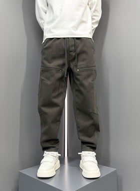 2925冬季新款户外风宽松直筒休闲裤男士军绿色多口袋加绒工装长裤