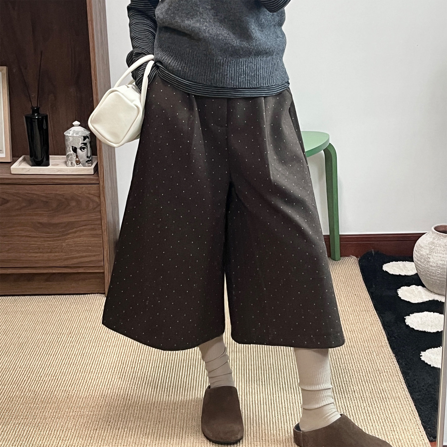 现货winimini 焦糖拿铁味独属小个子七分裤秋冬款磨毛阔腿休闲裤
