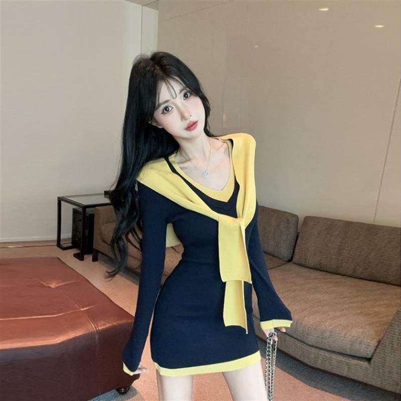 学院风海军领针织连衣裙女秋冬纯欲性感包臀裙假两件披肩毛衣裙子,女装/女士精品,连衣裙,淘宝优惠券,粉丝福利购,淘宝优惠卷