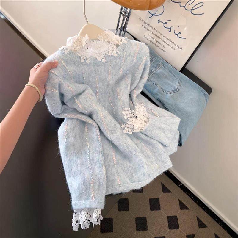 两件套蓝色条纹套头针织衫毛衣叠穿蕾丝拼接半高领打底衫女士上衣,女装/女士精品,毛衣,淘宝优惠券,粉丝福利购,淘宝优惠卷