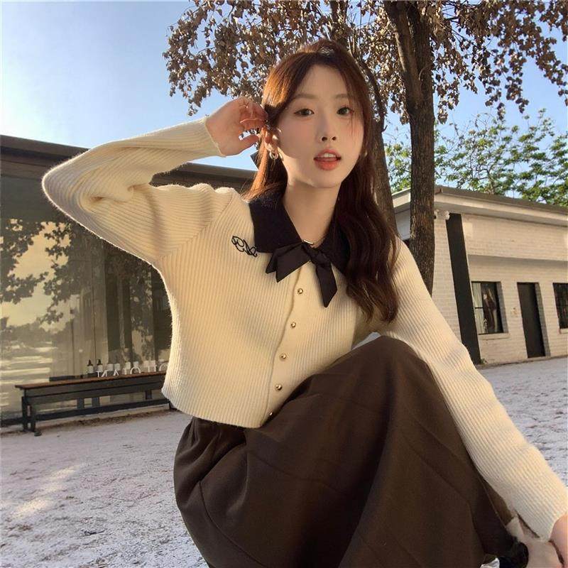 蝴蝶结翻领毛衣针织开衫女秋冬2025新款高级感气质短款打底衫上衣,女装/女士精品,毛衣,淘宝优惠券,粉丝福利购,淘宝优惠卷