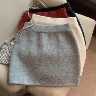 灰色亮晶晶针织半身裙女秋冬松紧高腰显瘦A字裙小个子包臀短裙子