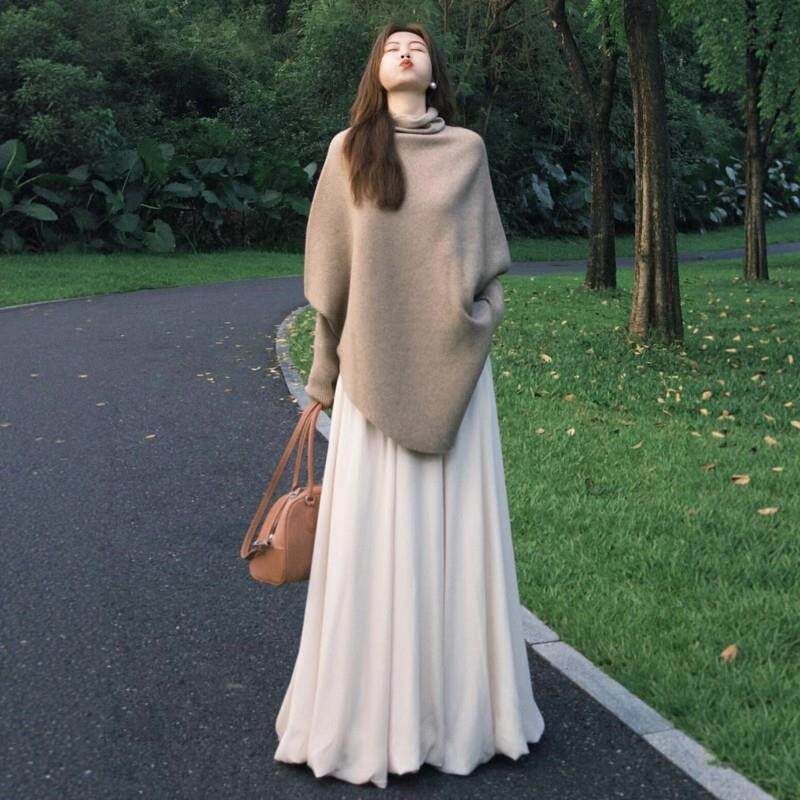 咖色高领斗篷毛衣女2025年秋冬韩系慵懒高级感时尚气质蝙蝠袖上衣