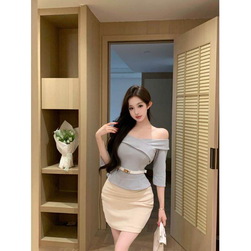 轻熟风套装一字肩收腰半袖T恤女夏季腰带包臀裙半身裙修身三件套