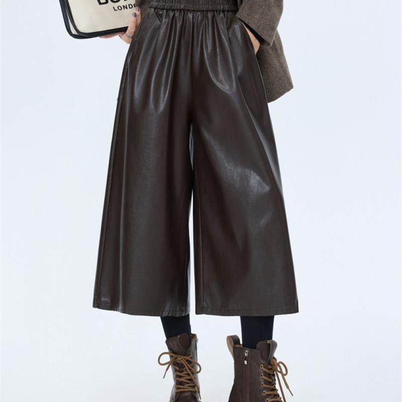 美拉德咖色七分PU皮裤女秋冬松紧腰显瘦宽松阔腿裤小个子直筒中裤,女装/女士精品,休闲裤,淘宝优惠券,粉丝福利购,淘宝优惠卷