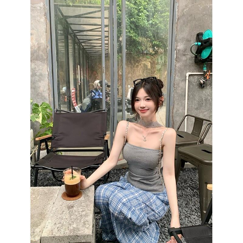 灰色蕾丝挂脖抹胸背心女夏季带胸垫性感裹胸辣妹打底短款外穿上衣
