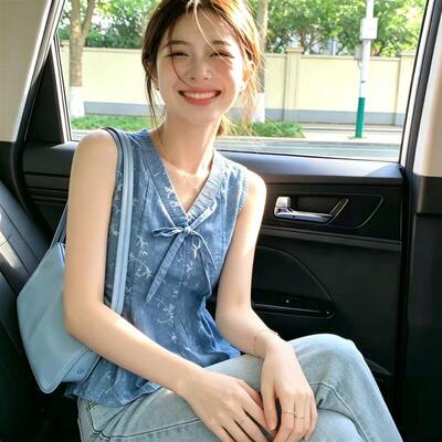 复古学院风蓝色碎花吊带背心女夏季新款蝴蝶结系带无袖露肩上衣潮