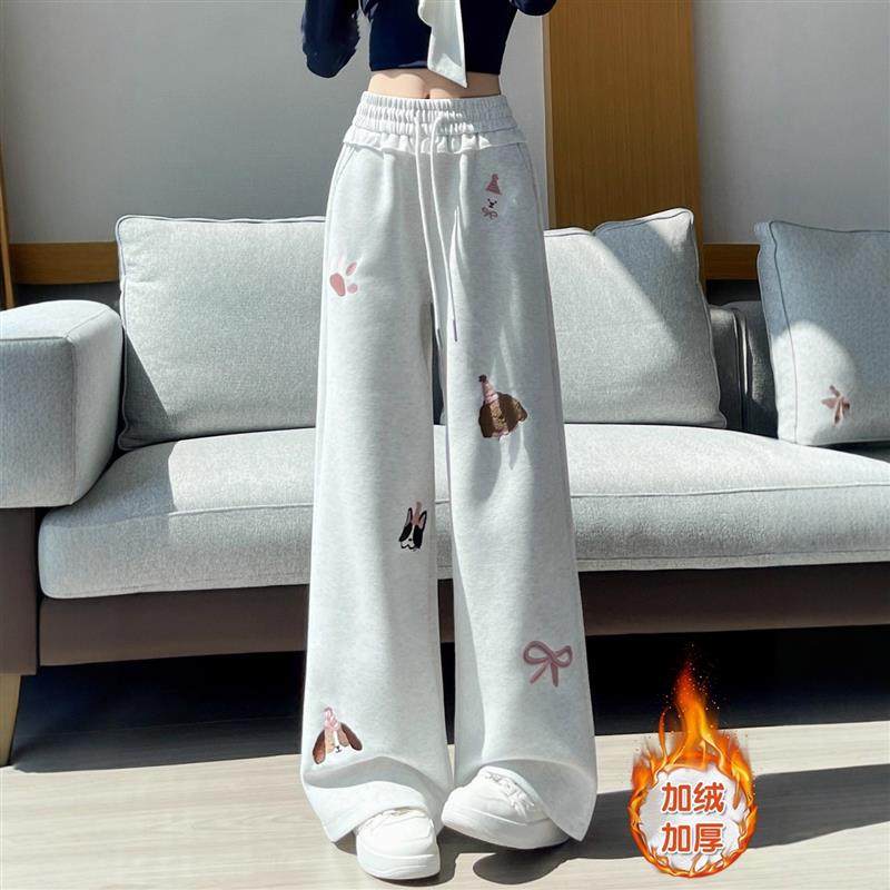 美式卡通印花加绒阔腿裤女秋冬慵懒风高腰垂感直筒休闲运动卫裤子,女装/女士精品,休闲裤,淘宝优惠券,粉丝福利购,淘宝优惠卷
