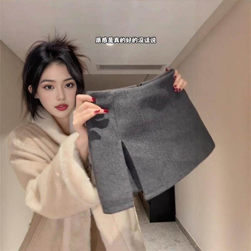 灰色毛呢半身裙女秋冬季2025新款A字开叉防走光裤裙加厚包臀短裙,女装/女士精品,半身裙,淘宝优惠券,粉丝福利购,淘宝优惠卷