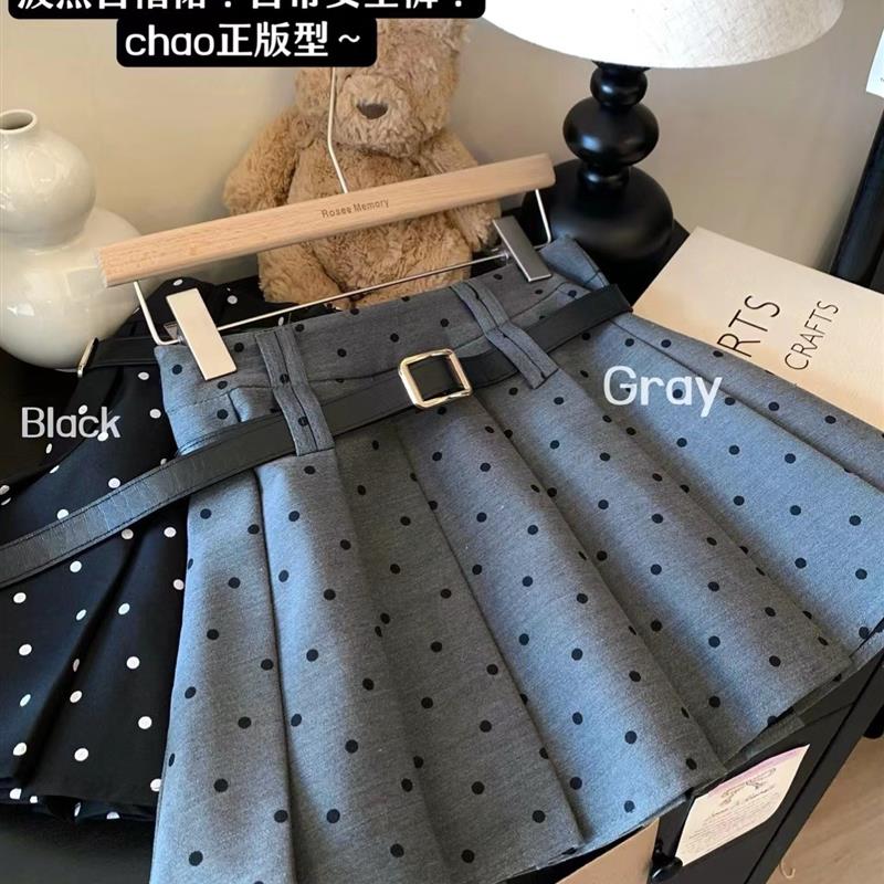 kumikumi美式复古波点高腰半身裙女装早秋防走光显瘦百褶A字短裙