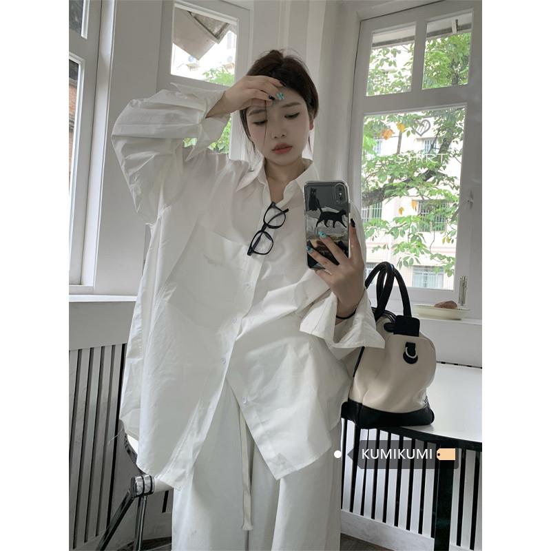 kumikumi白色长袖衬衫女秋季慵懒风防晒BF风oversize衬衣休闲上衣