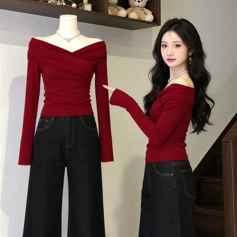 本命年新年穿搭红色一字肩针织衫女秋冬辣妹风修身显瘦毛衣打底衫,女装/女士精品,T恤,淘宝优惠券,粉丝福利购,淘宝优惠卷