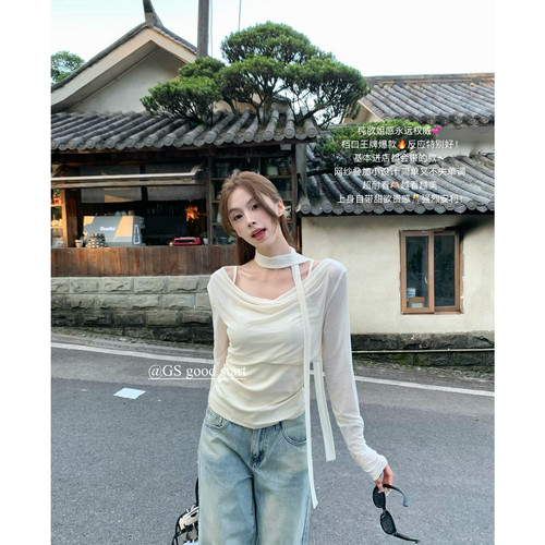 秋上新法式纯欲网纱飘带长袖小衫