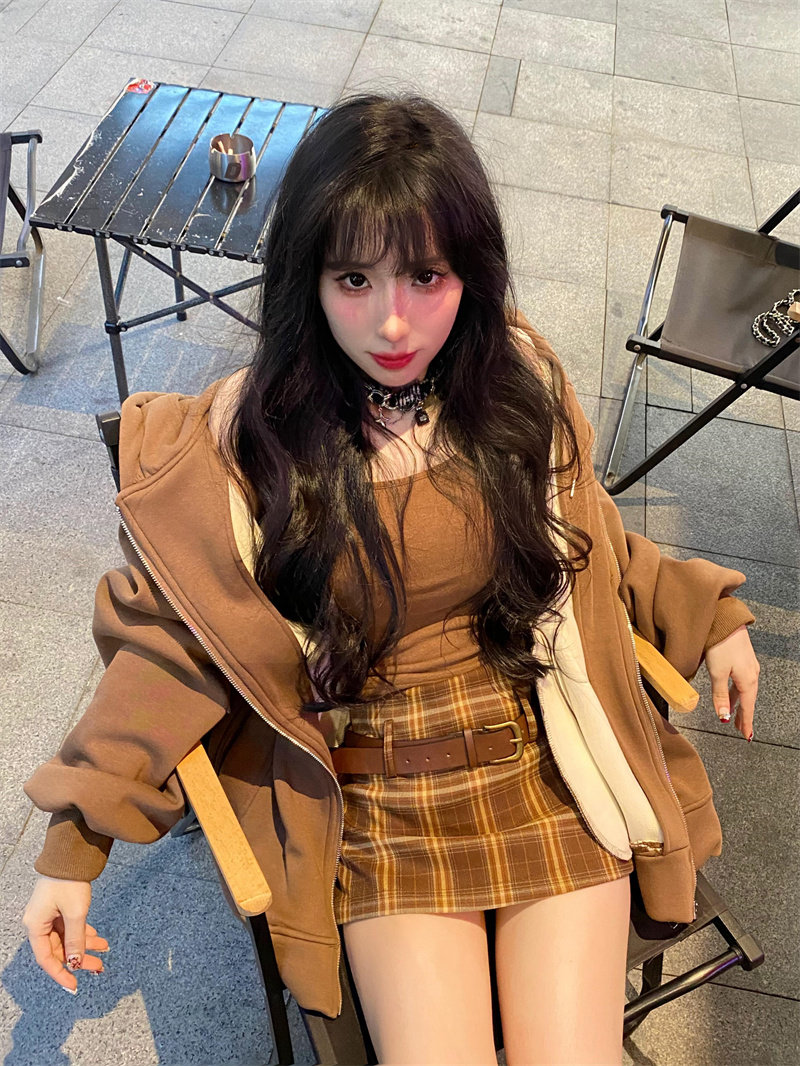 AFairyfanfan甜酷少女 布朗棕宽松男友风连帽卫衣外套厚实加绒暖