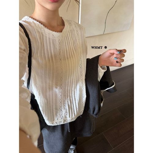 秋上新韩系甜美蕾丝全棉长袖衬衫