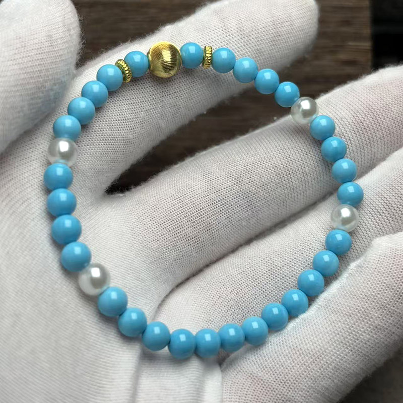 天然蓝色绿松石圆珠手链搭配金色白色珍珠款小女生流行手饰5mm