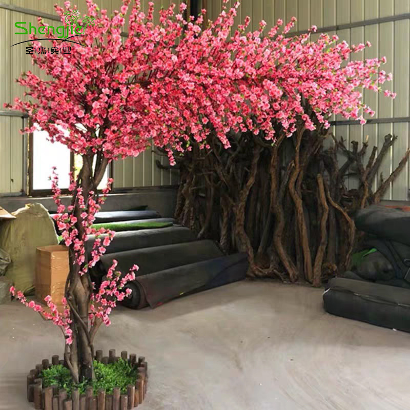 仿真桃花树假桃树酒店商场半边延伸造型仿真花树装饰厂家直销假树