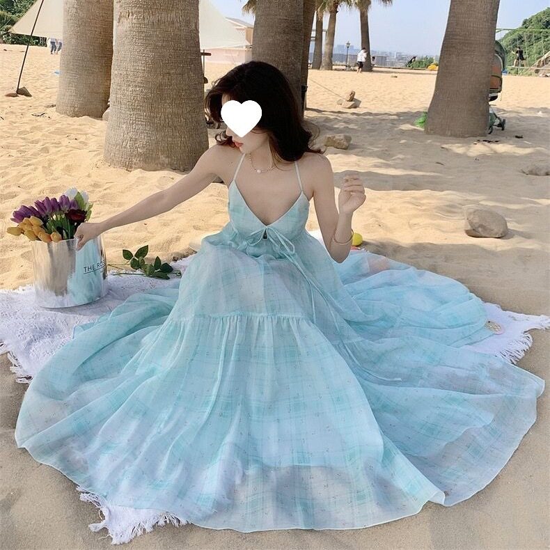 性感露背薄荷绿挂脖吊带连衣裙女2025夏季海边度假薄纱超仙长裙子