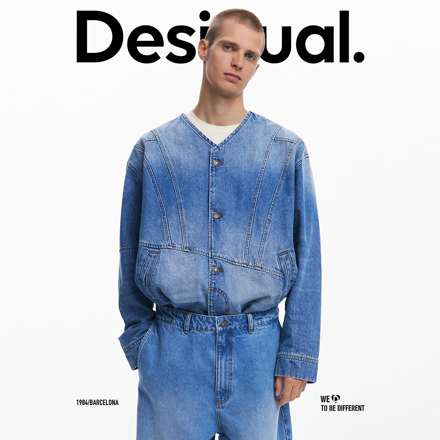 Desigual解构拼接蓝色水洗牛仔纽扣外套宽松V领夹克