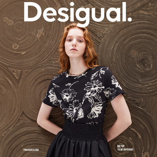 Desigual花朵满印爱心刺绣圆领短袖女式T恤夏季上衣