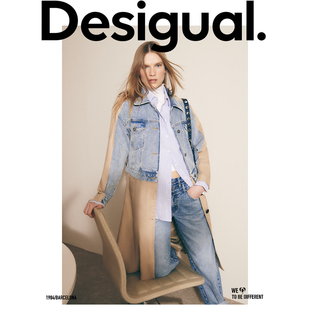 Desigual牛仔拼接翻领长款女式风衣