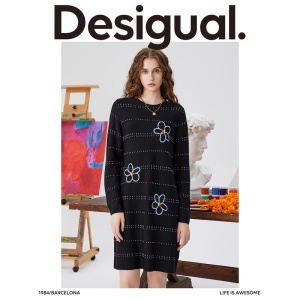 Desigual【西班牙时尚品牌】弹力条纹刺绣圆领连衣裙