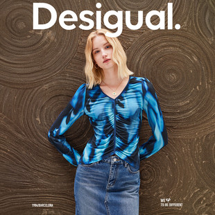 Desigual弹力抽象印花抽褶收腰V领泡泡袖女式上衣