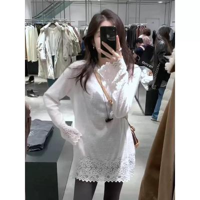 慵懒风白色圆领蕾丝衫秋冬季新款